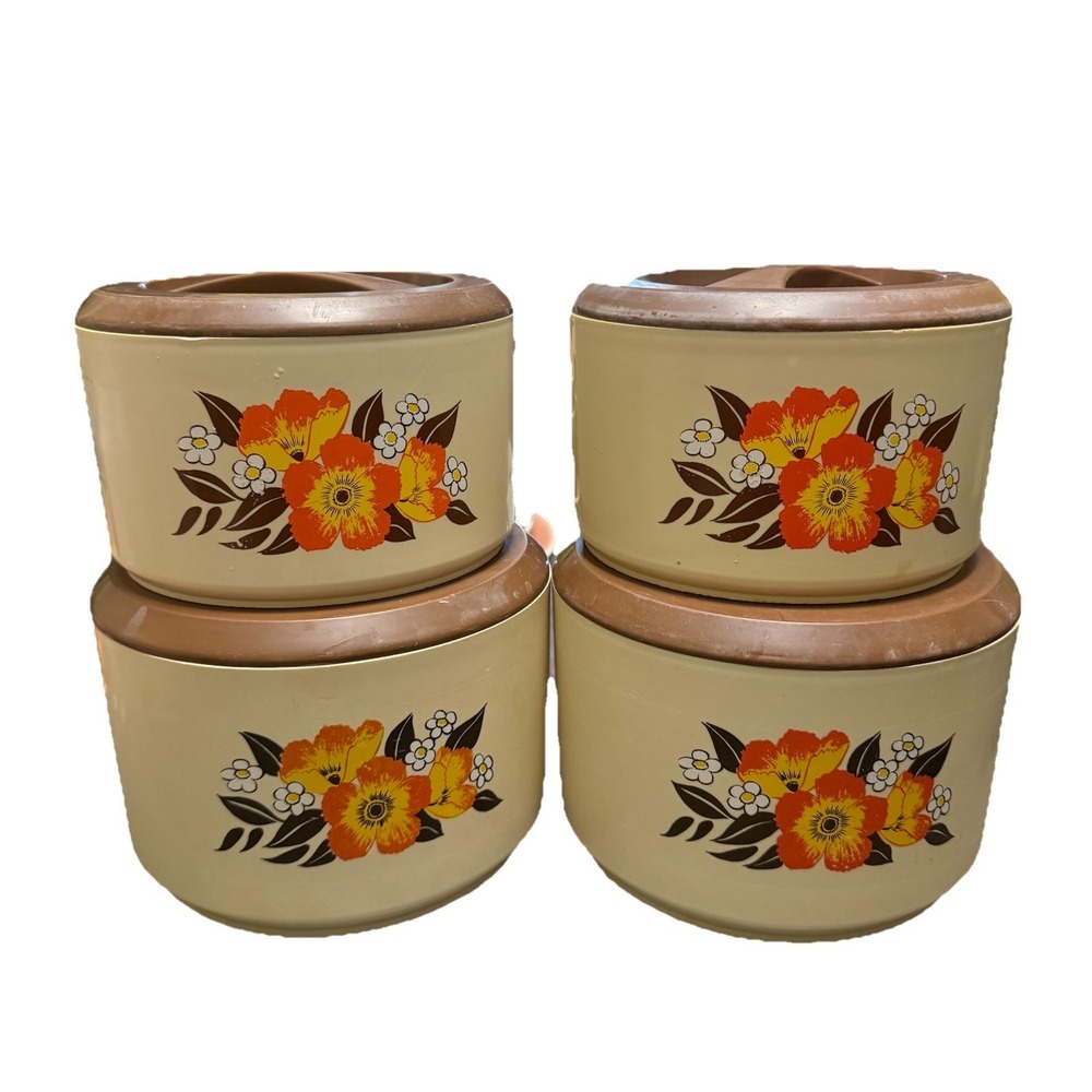 Vintage 4 Piece Sterilite MCM Kitchen Canister Set Orange Flowers Pattern